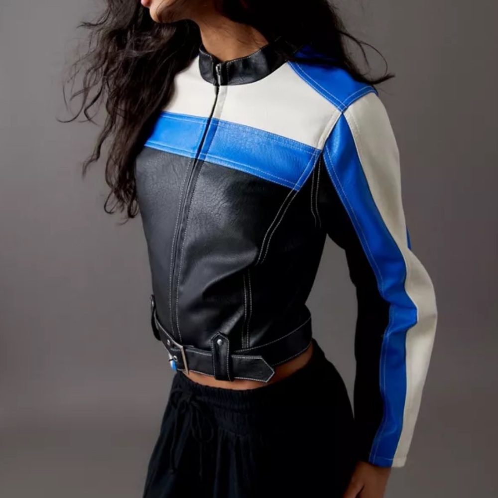 Urban Outfitters Black and Blue Leather Jacket